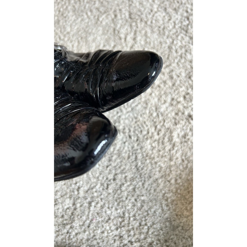 Brighton Black Patent Leather Ruched Mules Ornate Silver Medallion Heels Italy‎ - Picture 7 of 9